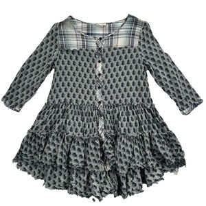 Oddy Size Small Gray/Blue Plaid Floral Raw Hem Tiered Ruffle Tunic Peasant Top